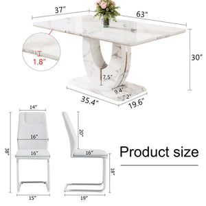 English Elm Table And Chair Set - Modern Marble Pattern Mdf Dining Set With 6 White Pu Chairs For Elegance W1151S02182-GIGA