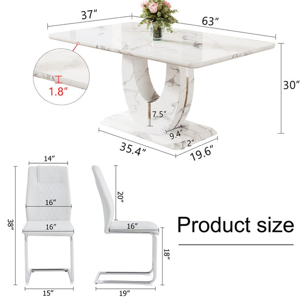 English Elm Table And Chair Set - Modern Marble Pattern Mdf Dining Set With 6 White Pu Chairs For Elegance W1151S02182-GIGA