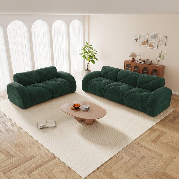 English Elm Three Seater Chenille Sofa with Ottoman Solid Wood Base Tufted Arms Living Room Green W714S01641