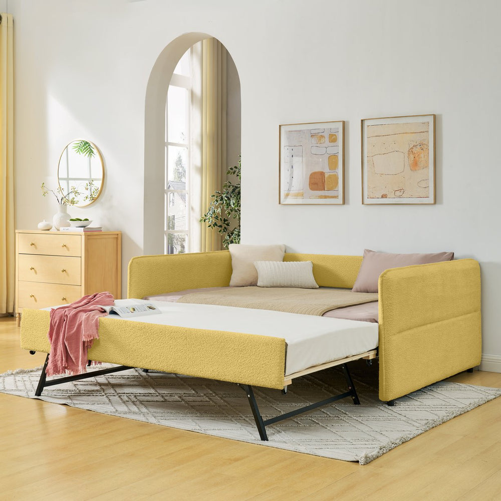 English Elm Full Size Boucle Daybed with Pop up Trundle Tufted Upholstered Sofa Sleeping Yellow W1413S00177