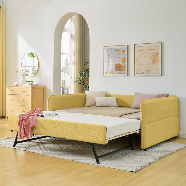 English Elm Full Size Boucle Daybed with Pop up Trundle Tufted Upholstered Sofa Sleeping Yellow W1413S00177