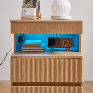 English Elm Modern Oak Nightstand with Charging Station Hidden Compartment and Open Storage Shelf W5368P460458
