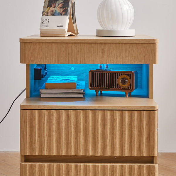 English Elm Modern Oak Nightstand with Charging Station Hidden Compartment and Open Storage Shelf W5368P460458