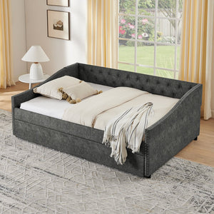 English Elm Full Size Upholstered Daybed with Trundle Usb Ports Tufted Back Wave Arms W1413S00159