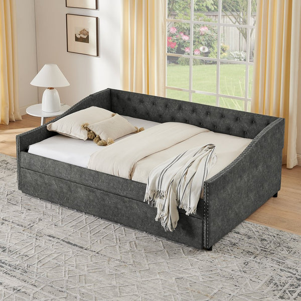 English Elm Full Size Upholstered Daybed with Trundle Usb Ports Tufted Back Wave Arms W1413S00159