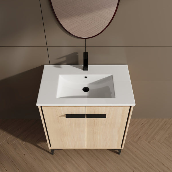 English Elm 30 Inch Oak Bathroom Vanity Base with Basin, Engineered Wood Double-Door Cabinet, Modern Storage W1972S00004