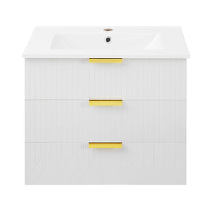 English Elm 24inch Bathroom Vanity with Sink - Wall-Mounted Floating Combo with Ceramic Basin, Modern L-Handle Design White N710S324097K