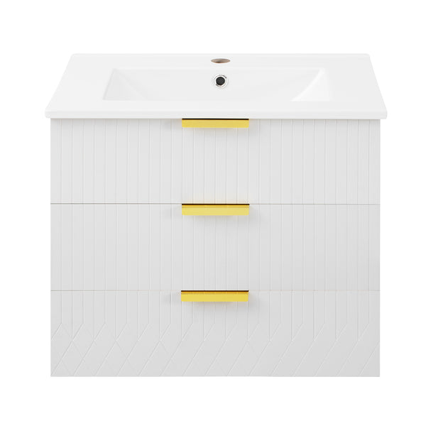 English Elm 24inch Bathroom Vanity with Sink - Wall-Mounted Floating Combo with Ceramic Basin, Modern L-Handle Design White N710S324097K