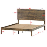 English Elm Farmhouse Wooden Platform Queen Size Bed, Modern Platform Bed With Two Bedside Lights, Antique Walnut