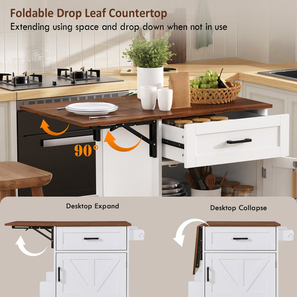 English Elm K&k Farmhouse Rolling Kitchen Cart with Drop Leaf Drawer Open Rack Lockable Wheels White N707P404539W