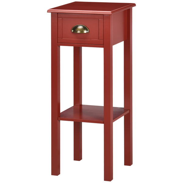 English Elm HOMCOM Narrow 2-Tier Side Table with Drawer and Elevated Shelf — Slim Accent End Table, Sturdy Storage Red W2225P200906