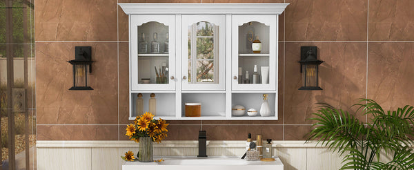 English Elm 47" Wall Mounted Bathroom Cabinet with Mirror — Space-Saving 3 Adjustable Shelves, Pine Accents, Water-Resistant Finish N710P264268K