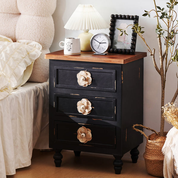 English Elm Vintage Farmhouse End Table with Floral Knobs 3-Drawer Rustic Nightstand Solid Wood Accents Antique Black,Walnut W3306P318870