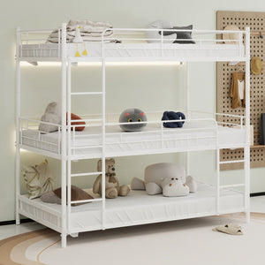 English Elm Heavy-duty triple bunk bed frame with built-in ladder, full guardrails, metal slats, space-saving design White W1935P330701