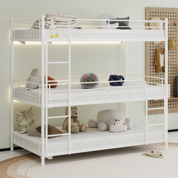English Elm Heavy-duty triple bunk bed frame with built-in ladder, full guardrails, metal slats, space-saving design White W1935P330701