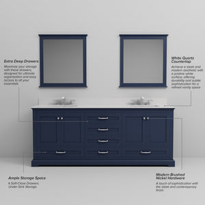 English Elm Navy Double Bath Vanity 80" W x 22" D with White Quartz Top, Soft-Close Drawers, Dual 30" Mirrors B2731S00819