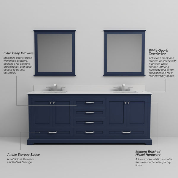 English Elm Navy Double Bath Vanity 80" W x 22" D with White Quartz Top, Soft-Close Drawers, Dual 30" Mirrors B2731S00819