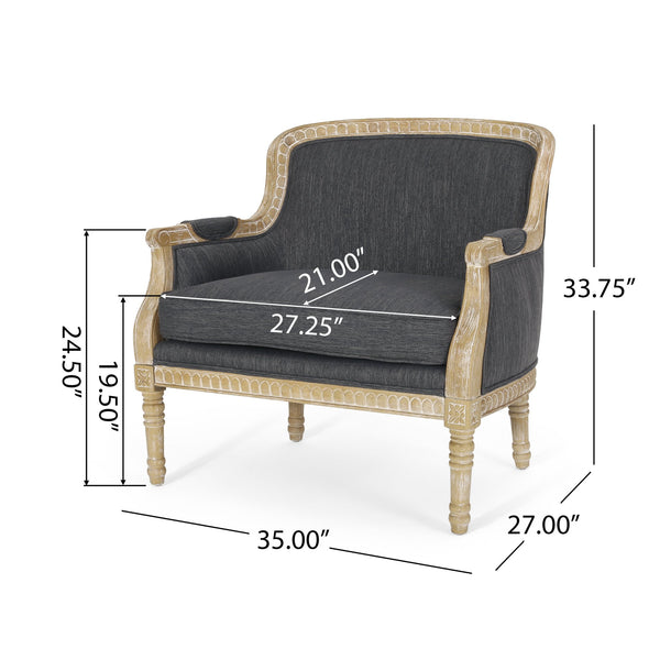 English Elm Christopher Knight Home® - CLUB Chair with French Country Carved Accents, Upholstered Comfort, Weathered Rubberwood Frame -Elegant Charcoal 71064.00CHAR