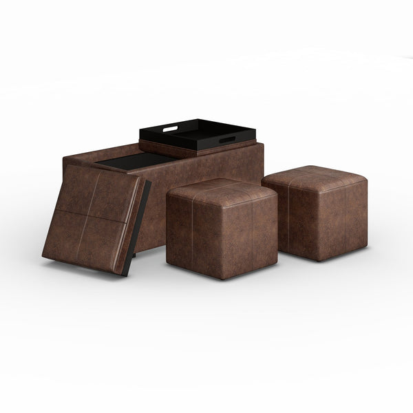 English Elm Avalon 5-Piece Storage Ottoman Set - Distressed Chestnut Faux Leather With Versatile Functionality B136P159760