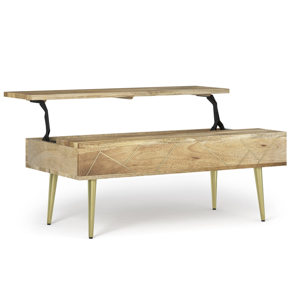 English Elm Jager Lift Top Coffee Table - Handcrafted Natural Mango Wood With Gold Accents & Hidden Storage B136P158756