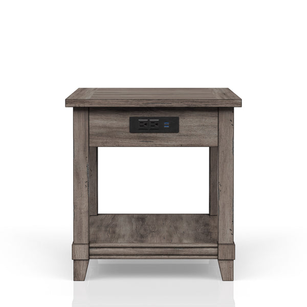 English Elm End End Table W/ Storage Drawer & USN Gray Rustic Finish USB Charging Ports Solid Wood Shelf Storage B2699P208929