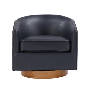 English Elm Maisy Barrel Swivel Chair in Midnight Blue Faux Leather with Wooden Base, Pocket Coil Comfort B050P322574