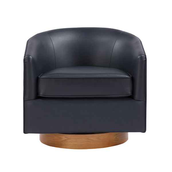 English Elm Maisy Barrel Swivel Chair in Midnight Blue Faux Leather with Wooden Base, Pocket Coil Comfort B050P322574
