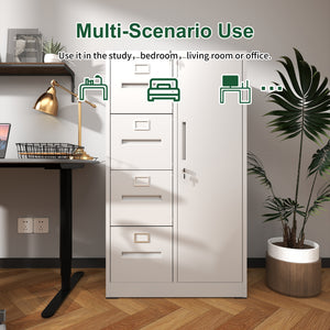 English Elm Metal Storage Vertical Filing Cabinet with 4 Drawers and Side Wardrobe, Steel Ball-Bearing Suspension, Secure Locking Organizer for Home Office and Bedroom White T2398P272102
