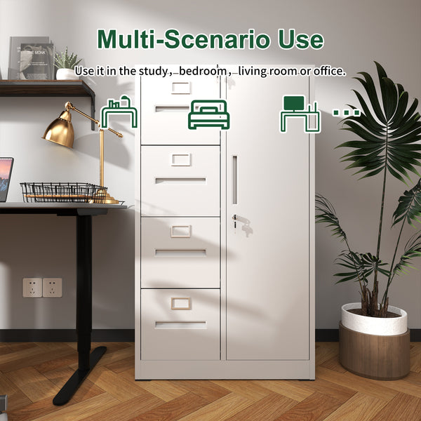 English Elm Metal Storage Vertical Filing Cabinet with 4 Drawers and Side Wardrobe, Steel Ball-Bearing Suspension, Secure Locking Organizer for Home Office and Bedroom White T2398P272102
