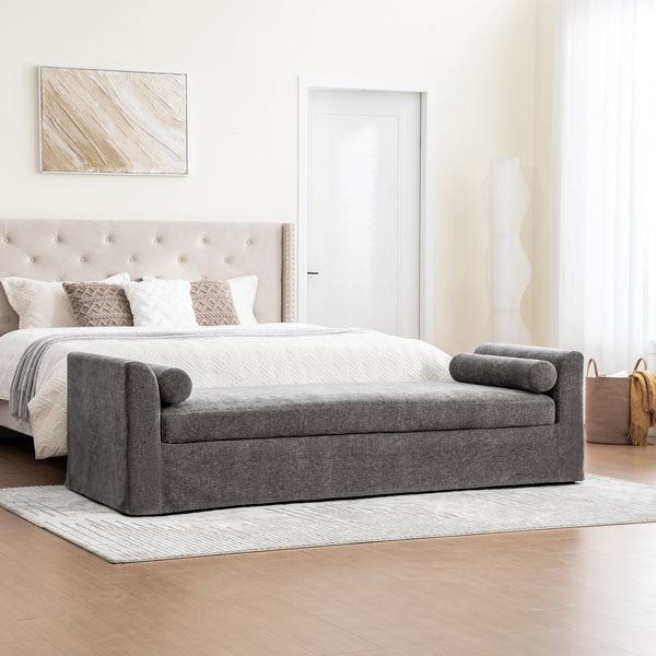 English Elm 88.58" Wide Chenille Upholstered Bench with Curved Armrests and Bolster Pillows for Bedroom Gray W3189S00028