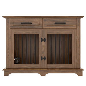 English Elm 44.48" Wooden Dog Crate End Table with Drawers Rotating Bowls Farmhouse Pet Kennel Brown N704P379112D