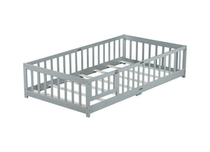 English Elm Twin Low Profile Rubberwood Floor Bed with Full Safety Fence for Toddler Rooms Grey W504P429267