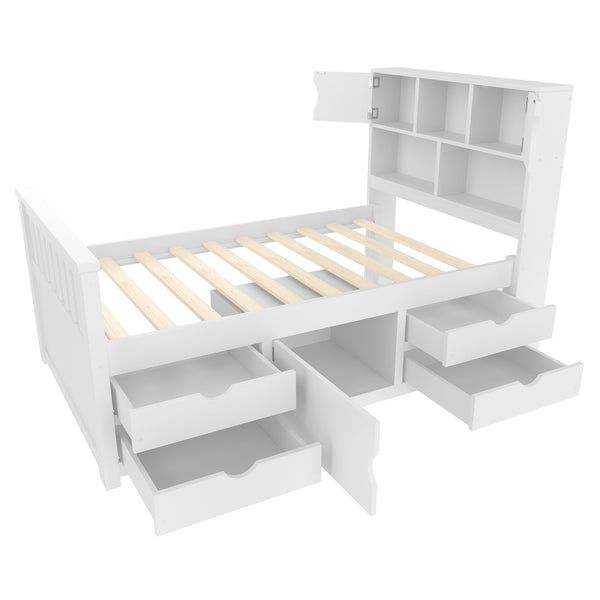 English Elm Twin Captain Platform Bed with Bookcase Headboard Four Drawers Pine Mdf Frame White GX001828AAK-1