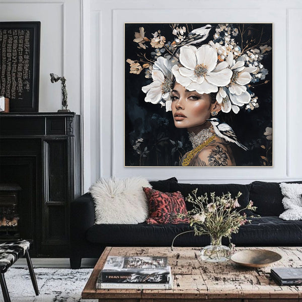 English Elm Floral Black White Woman Canvas Art with Bird Tattoo Portrait — Modern Aesthetic Oil Print for Home Decor W3374P322231