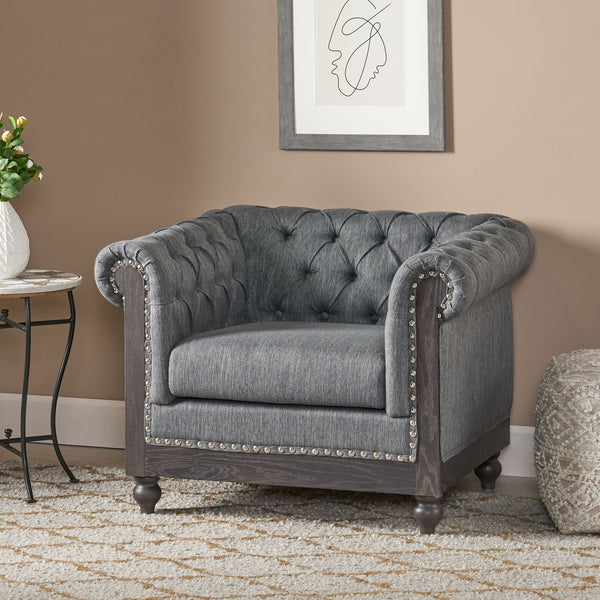 English Elm Christopher Knight Home® - CLUB Club Chair Chesterfield-Inspired Tufted PU Upholstery with Nailhead Trim, Scrolled Arms, Turned Legs Charcoal 39.25 L x 34.25 W x 25 H 72069.00FCHAR