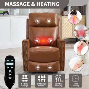 English Elm Deep Ochre Genuine Leather Swivel Rocker Recliner with Massage Heat for Living Room W1803P323711