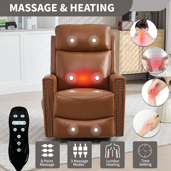 English Elm Deep Ochre Genuine Leather Swivel Rocker Recliner with Massage Heat for Living Room W1803P323711