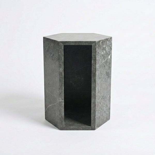 English Elm Genuine Solid Marble Hexagonal Pedestal End Table Polished Stone for Modern Living Dark Gray W1696P408001