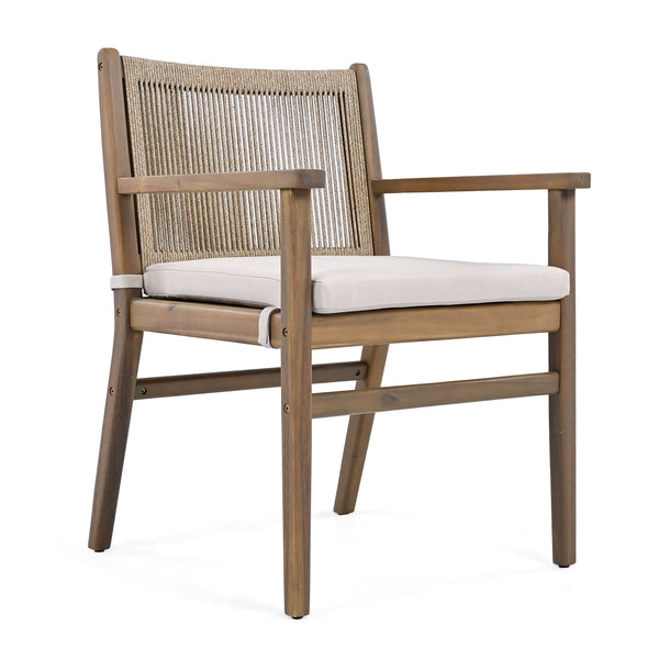 English Elm Christopher Knight Home® - Outdoor Acacia Wood Dining Chairs Set of 2 with Woven Rope Back, Waterproof Cushions, 400lb Capacity Light Brown N779P224995B