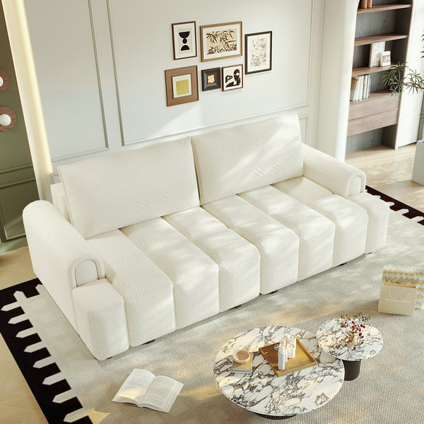 English Elm 90.2" Plush Teddy Fabric Convertible Sleeper Sofa with Hidden Storage for Living Room Beige+White W1885S00311