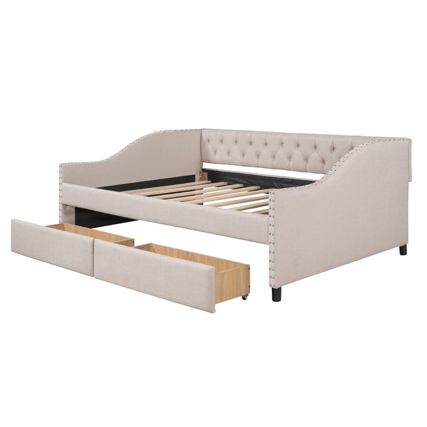 English Elm Upholstered Full Daybed with Linen Tufted Back Rivet Arms and Two Storage Drawers LP002111AAA