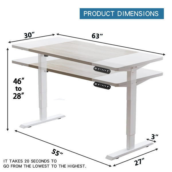 English Elm 63"×30" 63"x30" Electric Sit Stand Desk with Splice Board Top and Motorized Steel Frame White Leg + White + Light Oak W614P431431