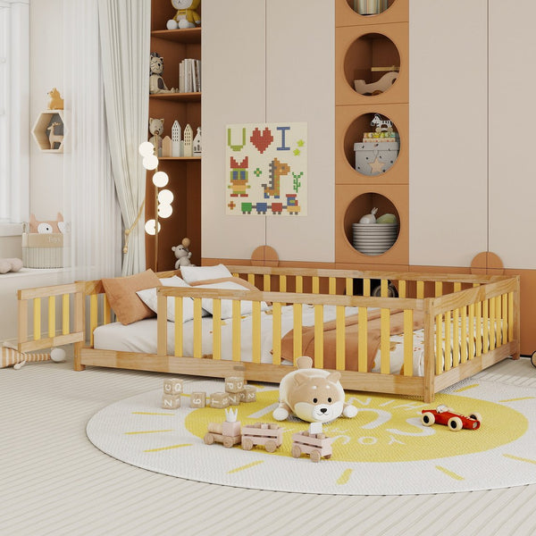 English Elm Full Size Floor Bed With Safety Guardrails, Eco-Friendly Rubber Wood, Minimalist Design & Easy Access W504P286380