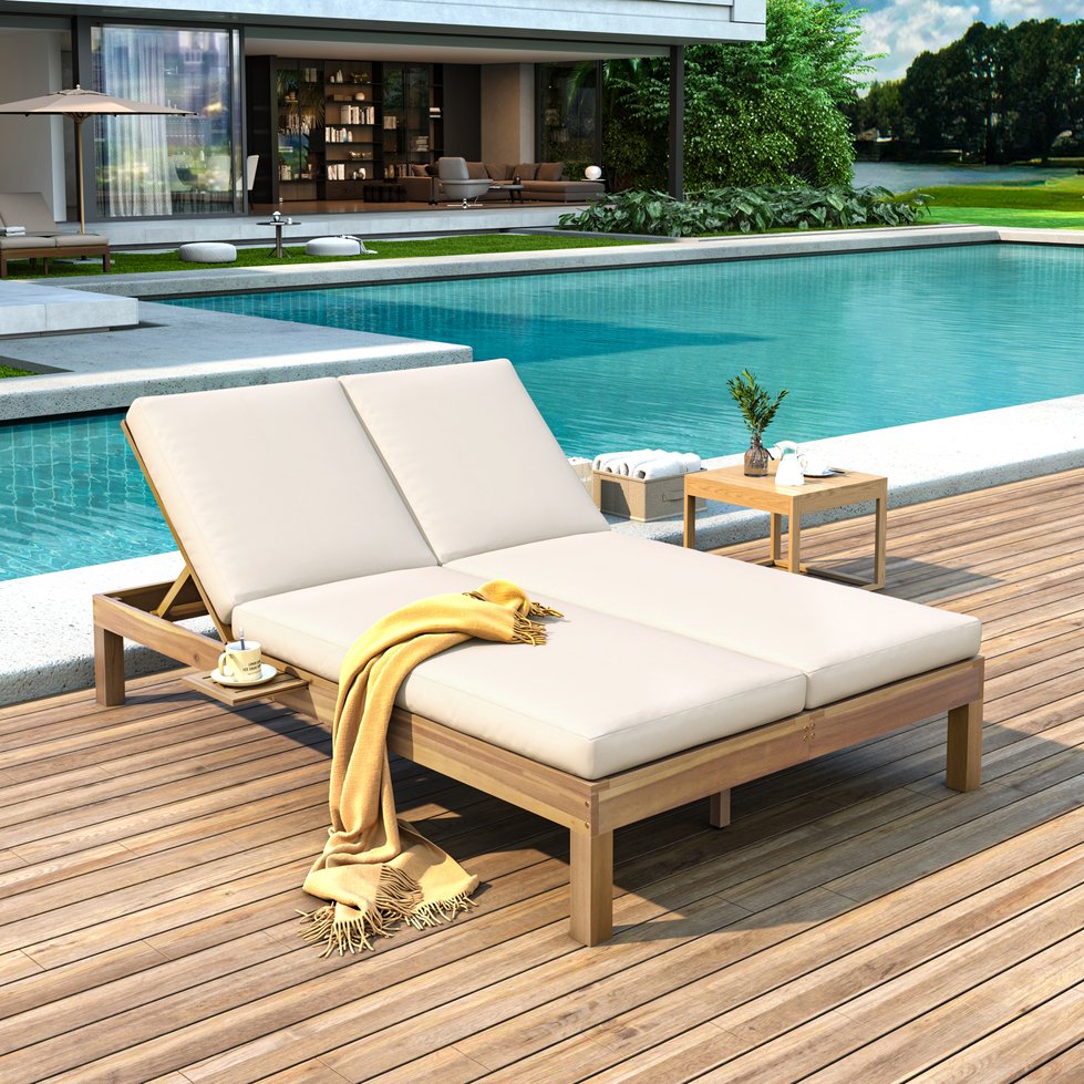 English Elm Trexm Acacia Wood Double Chaise Lounge Outdoor with Folding Trays and Foam Cushions TM000015AAD