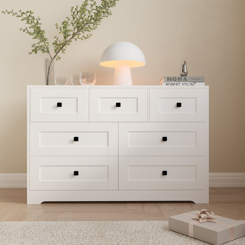 English Elm Chest Of Drawers - 7-Drawer Ancient White Storage Solution With Farmhouse Charm & Versatility W2139P241088