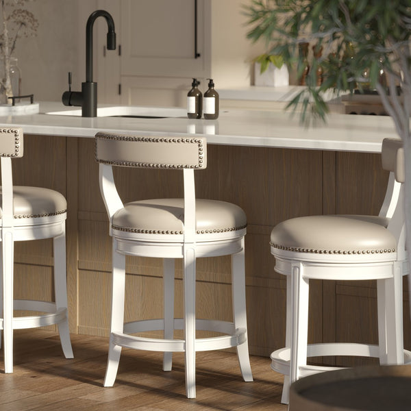 English Elm 26" Counter Height Swivel Barstool Woven Linen Seat Nailhead Trim Solid Wood Frame White B2751P436450