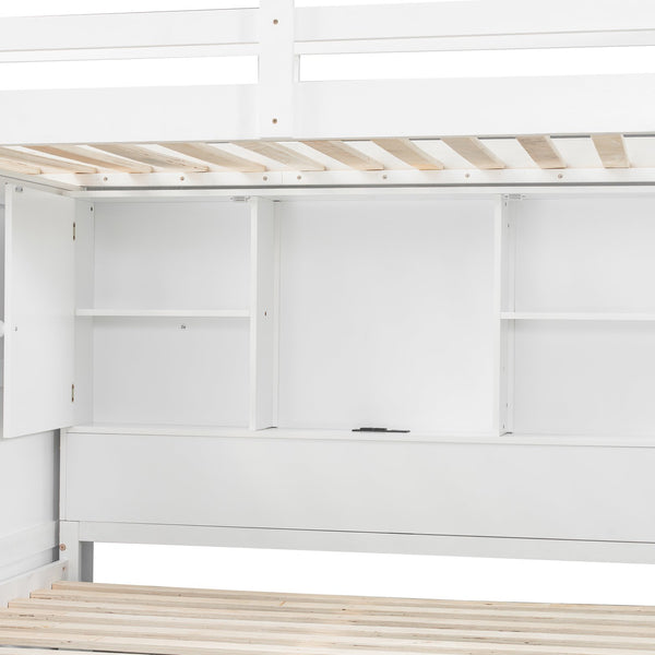 English Elm Twin Over Full Bunk Bed with Wardrobe Storage Stairs Shelves and Usb Charging White LT000292AAK