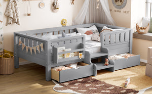 English Elm Twin Kids Storage Bed with Bookshelf Headboard Safety Staircase and Under Drawers Gray W1580P379185