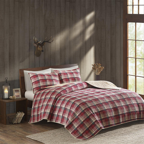 JLA Home Woolrich - 100% Cotton Oversized Quilt Mini Set – Reversible Plaid & Solid Design, Lightweight Breathable Year-Round Comfort Red WR14-1785