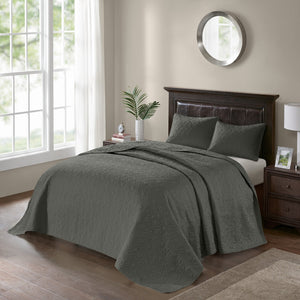 JLA Home Madison Park - 3 Piece Reversible Bedspread Set with Quilted Stitch Texture, Prewashed Cotton Fill, Antimicrobial Protection and Oversized Drape for Lasting Comfort and Style Dark Grey MP13-6126